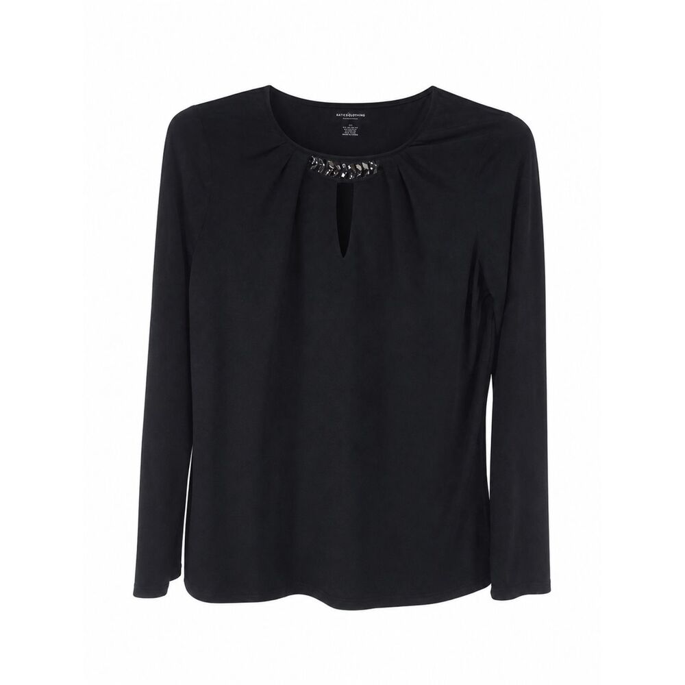 Liz Claiborne Women’s Black Long Sleeve Blouse Size Large L Keyhole Embellished